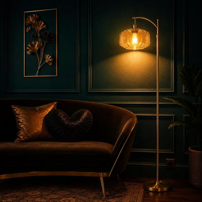 Dimmable Mid Century Modern Standing Lamp - Gold base with Green Glass Shade - customizable