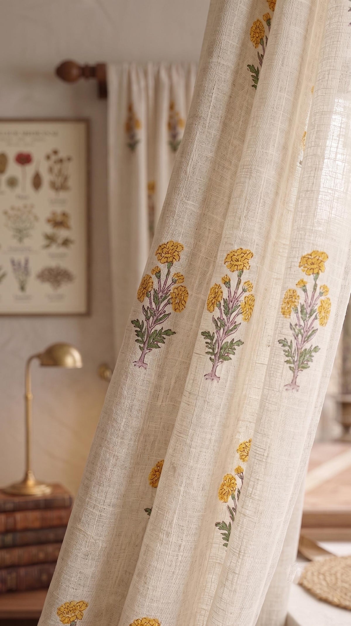 Yellow Botanical Linen Blend Curtain Panel, Farmhouse Floral Window Drapes