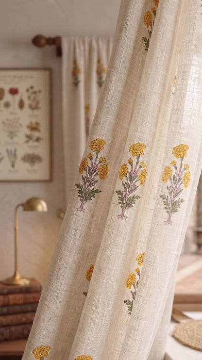 Yellow Botanical Linen Blend Curtain Panel, Farmhouse Floral Window Drapes