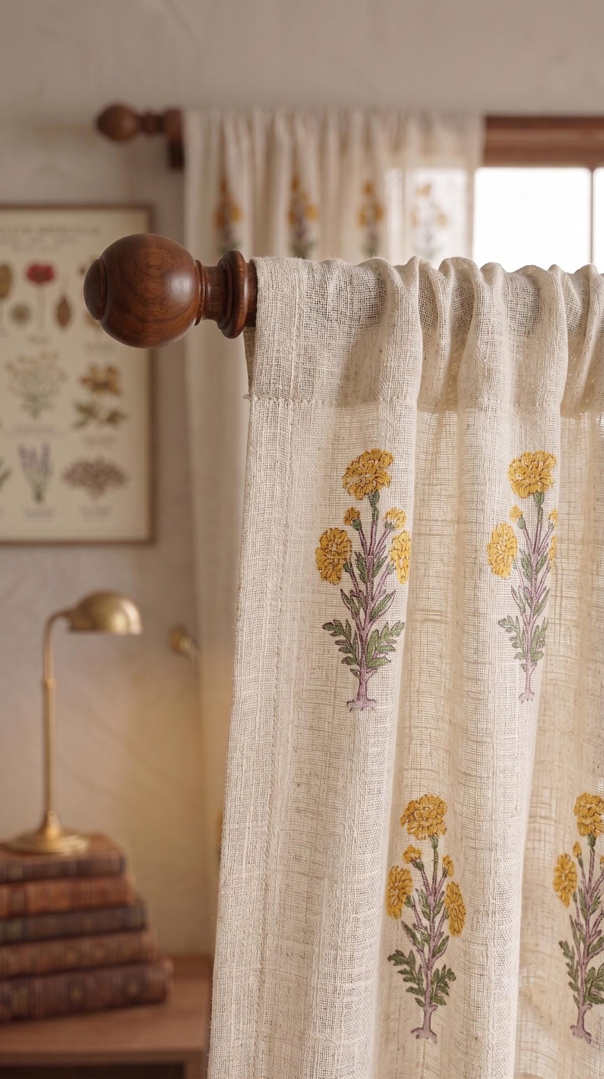 Yellow Botanical Linen Blend Curtain Panel, Farmhouse Floral Window Drapes
