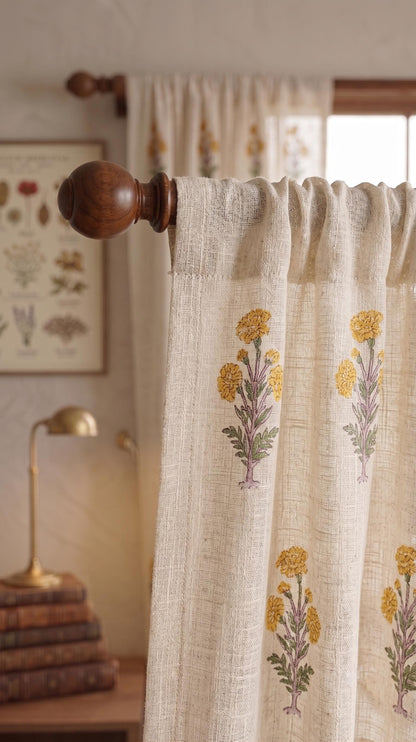 Yellow Botanical Linen Blend Curtain Panel, Farmhouse Floral Window Drapes