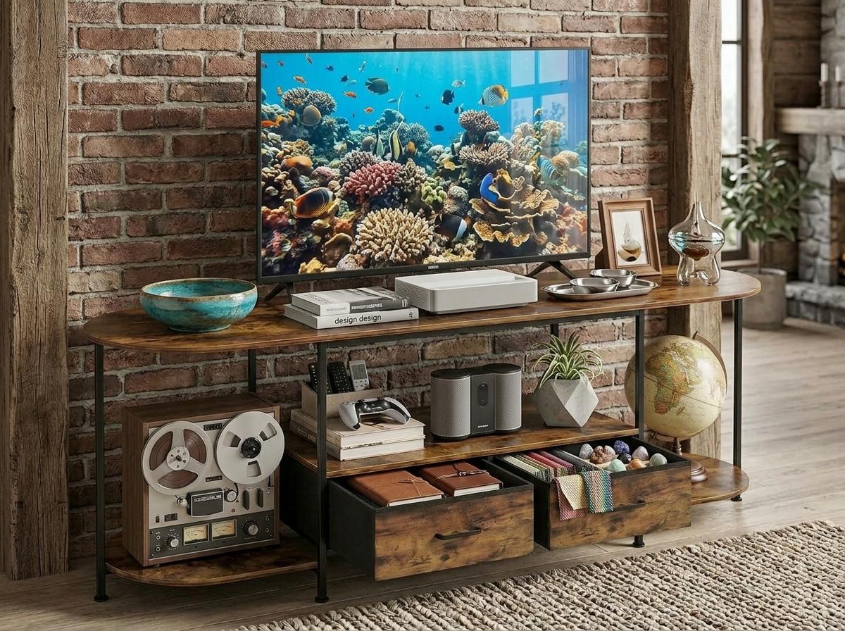 Wooden TV Stand with 2 Drawers, Rustic Brown Media Console With Curved Edges