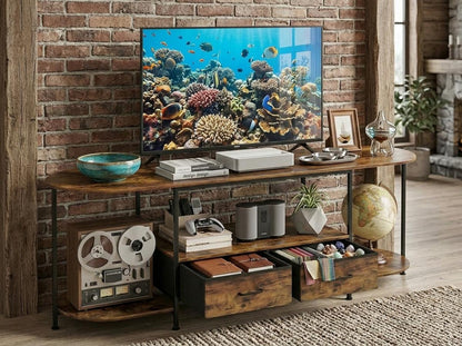 Wooden TV Stand with 2 Drawers, Rustic Brown Media Console With Curved Edges