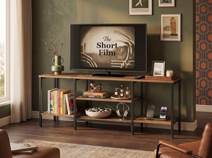Wooden Industrial TV Stand Console Table for 65 Inch TV with Power Outlets and Storage Shelves