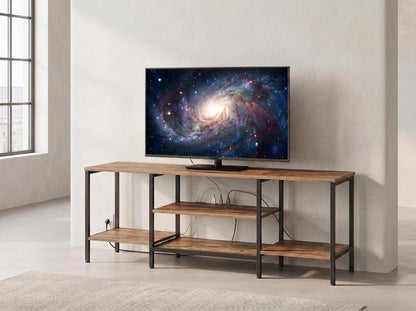 Wooden Industrial TV Stand Console Table for 65 Inch TV with Power Outlets and Storage Shelves