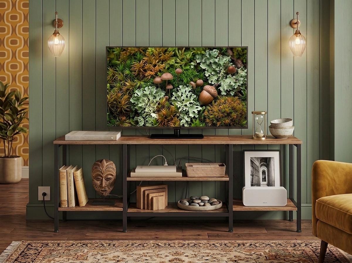 Wooden Industrial TV Stand Console Table for 65 Inch TV with Power Outlets and Storage Shelves