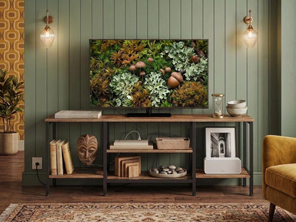 Wooden Industrial TV Stand Console Table for 65 Inch TV with Power Outlets and Storage Shelves