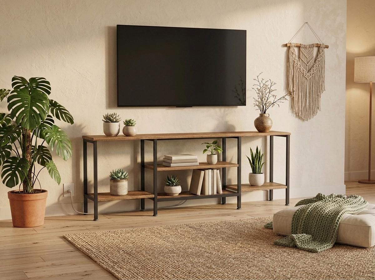 Wooden Industrial TV Stand Console Table for 65 Inch TV with Power Outlets and Storage Shelves