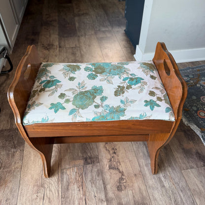 Vintage Wooden Vanity Bench with Floral Upholstered Seat, Farmhouse Entryway Bench, Piano Stool, Cottage Bedroom Accent Seat