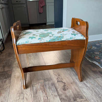 Vintage Wooden Vanity Bench with Floral Upholstered Seat, Farmhouse Entryway Bench, Piano Stool, Cottage Bedroom Accent Seat