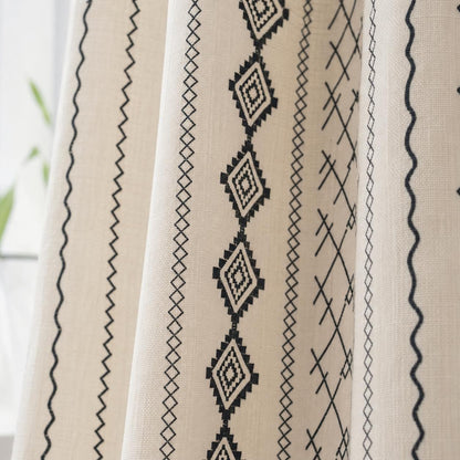 Boho Geometric Cotton Linen Curtain with Black Tassel Trim