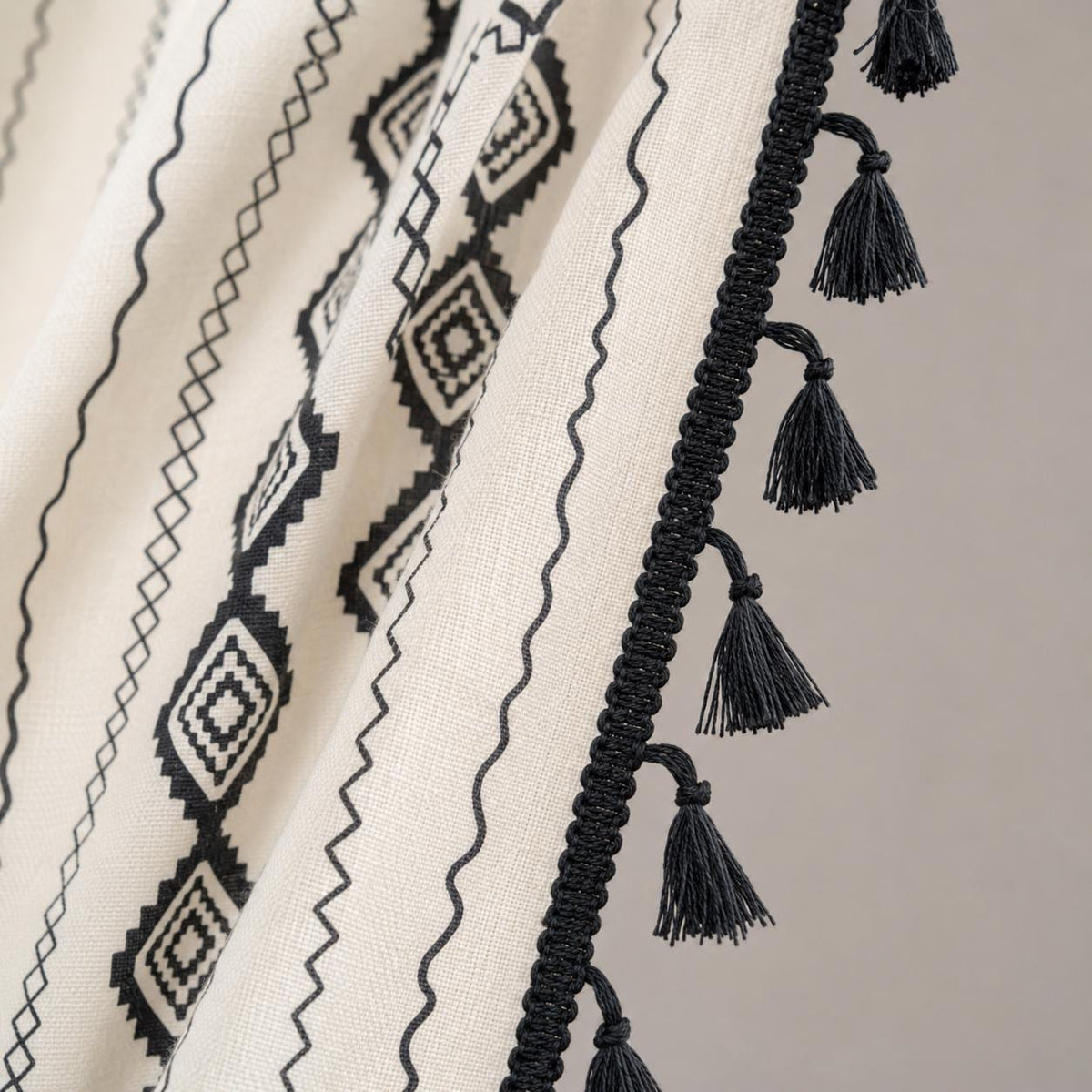 Boho Geometric Cotton Linen Curtain with Black Tassel Trim