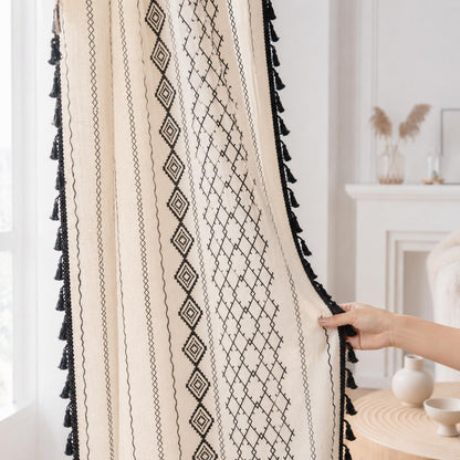 Boho Geometric Cotton Linen Curtain with Black Tassel Trim