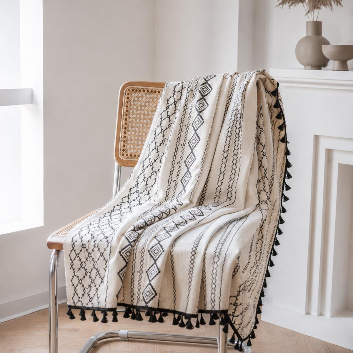 Boho Geometric Cotton Linen Curtain with Black Tassel Trim