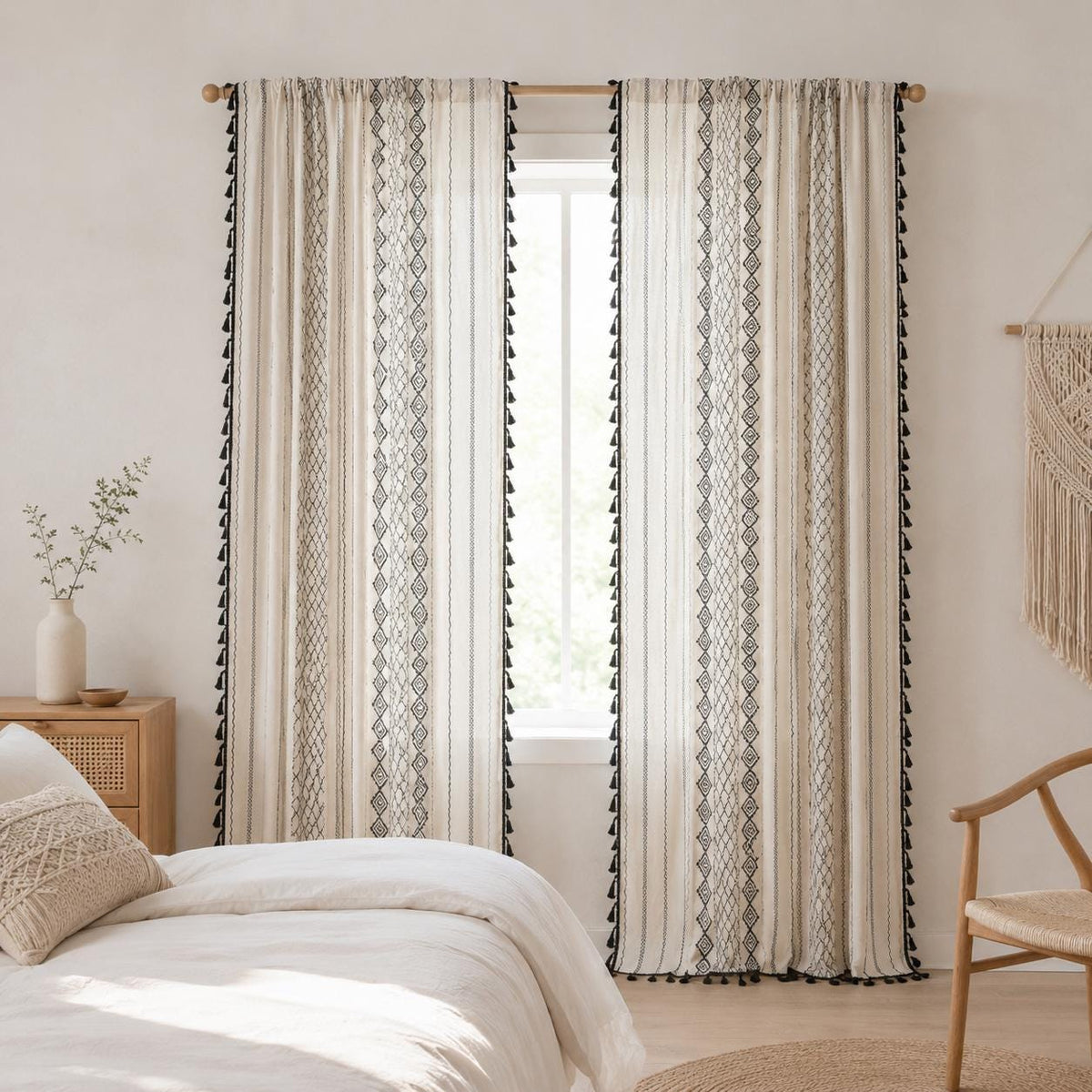 Boho Geometric Cotton Linen Curtain with Black Tassel Trim