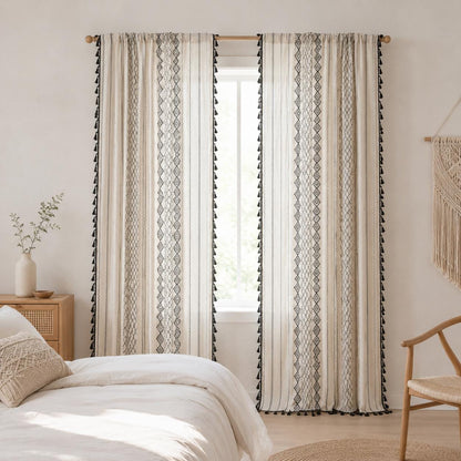 Boho Geometric Cotton Linen Curtain with Black Tassel Trim