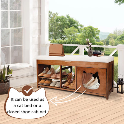 Solid Wood Entryway Bench with Cat Cabinet and Hidden Storage Compartment