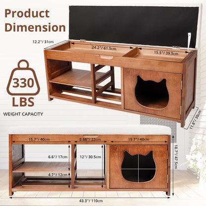 Solid Wood Entryway Bench with Cat Cabinet and Hidden Storage Compartment