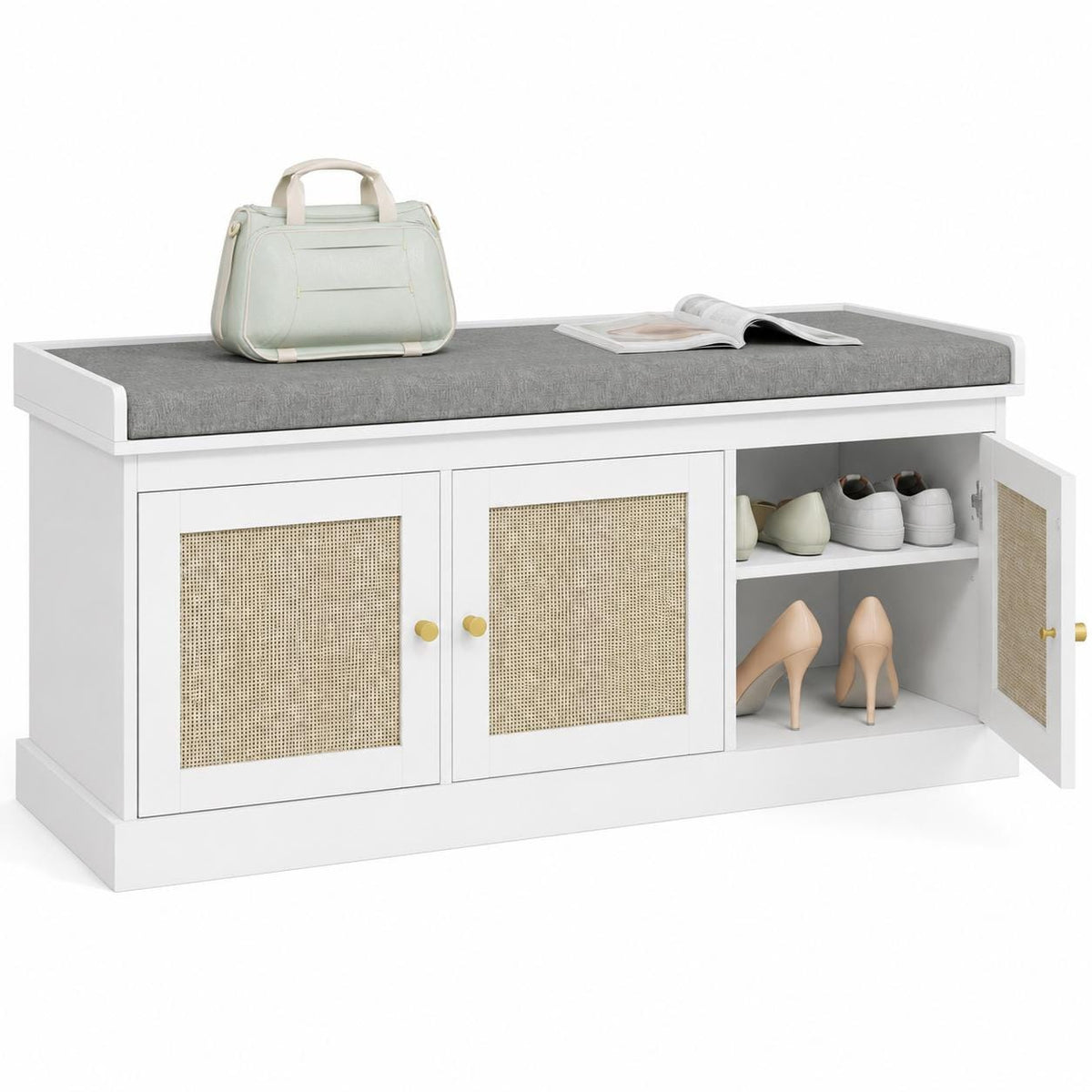White Rattan Entryway Storage Bench with Cushion, Boho Hallway Seating, Adjustable Shelves