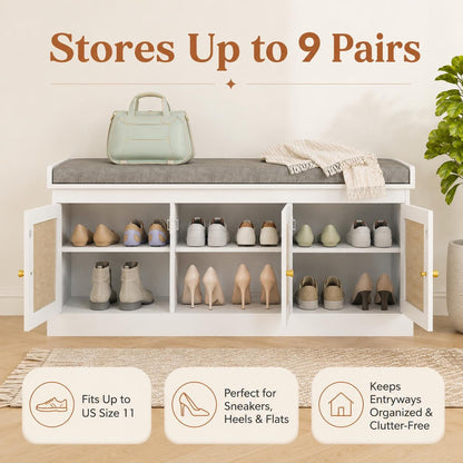 White Rattan Entryway Storage Bench with Cushion, Boho Hallway Seating, Adjustable Shelves