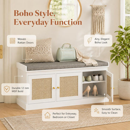 White Rattan Entryway Storage Bench with Cushion, Boho Hallway Seating, Adjustable Shelves
