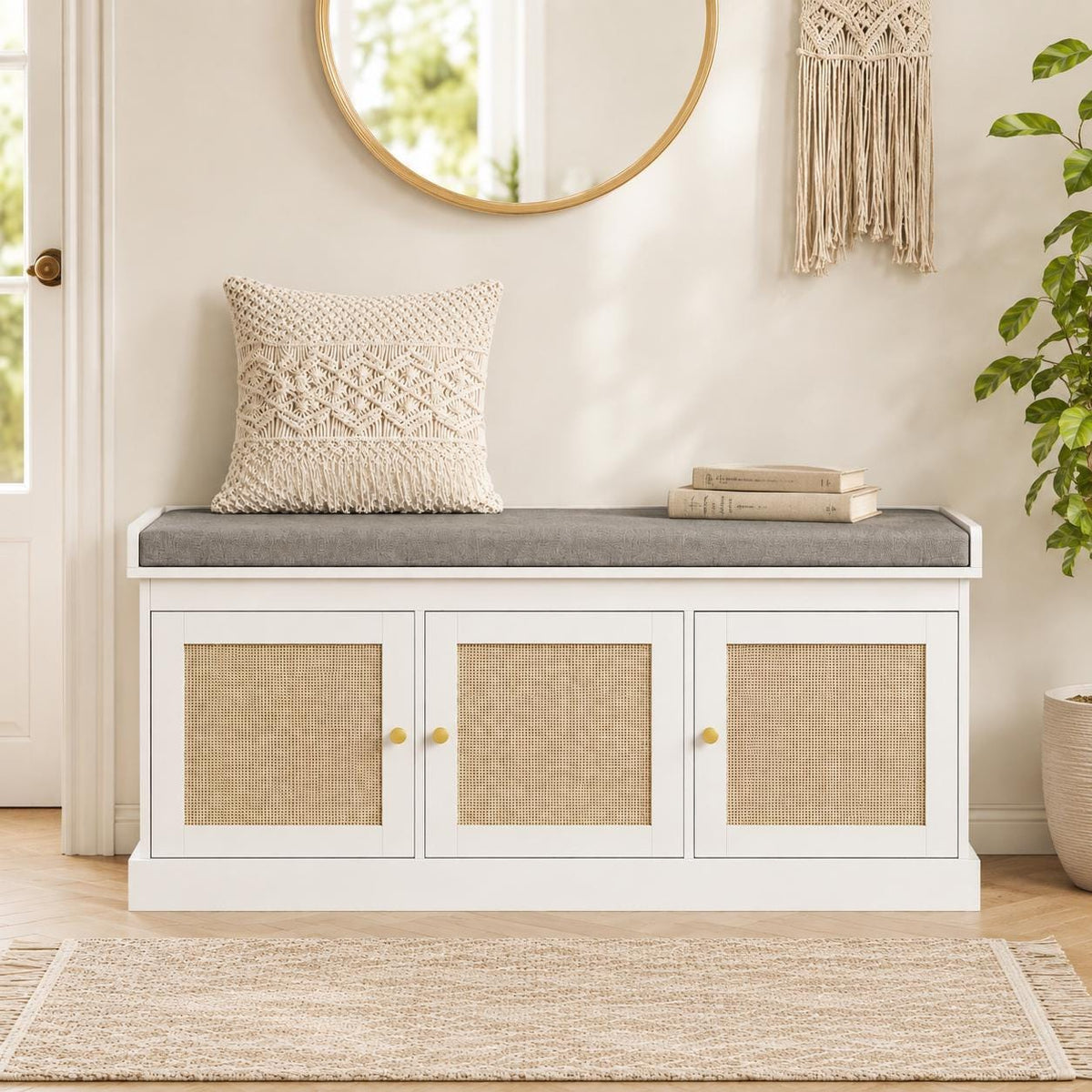 White Rattan Entryway Storage Bench with Cushion, Boho Hallway Seating, Adjustable Shelves