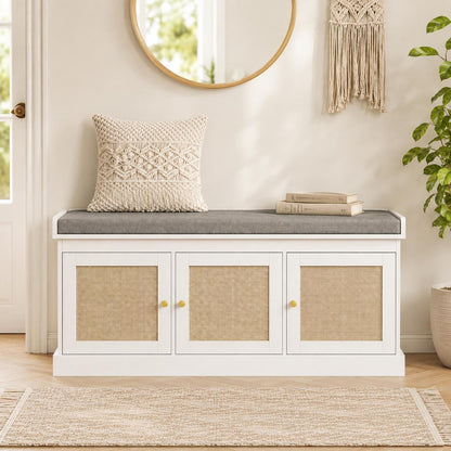 White Rattan Entryway Storage Bench with Cushion, Boho Hallway Seating, Adjustable Shelves
