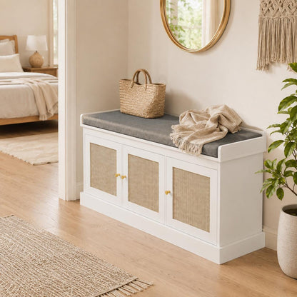 White Rattan Entryway Storage Bench with Cushion, Boho Hallway Seating, Adjustable Shelves