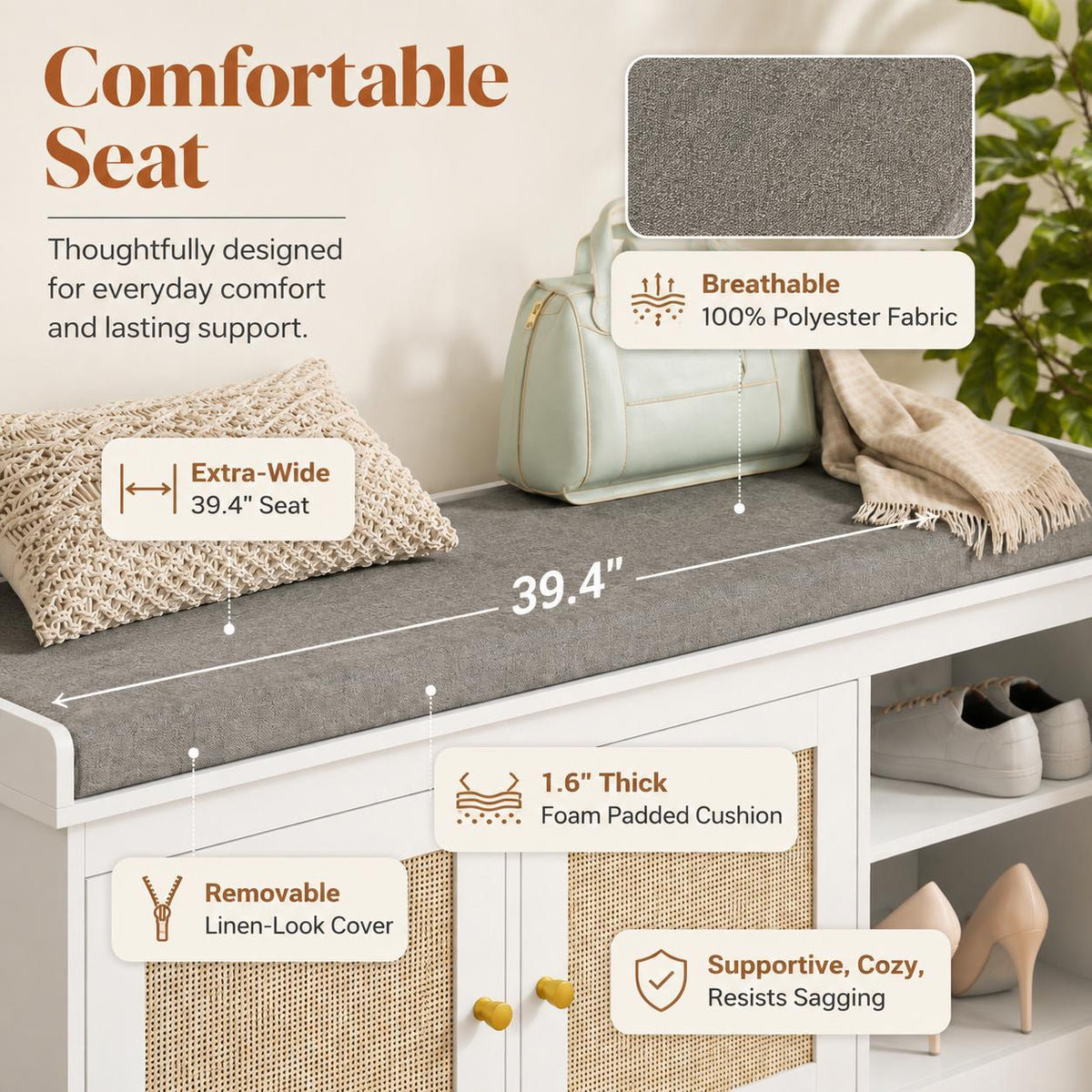 White Rattan Entryway Storage Bench with Cushion, Boho Hallway Seating, Adjustable Shelves