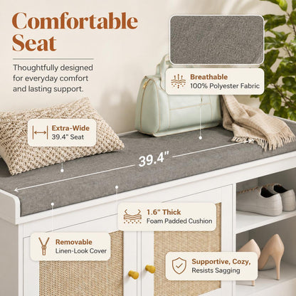 White Rattan Entryway Storage Bench with Cushion, Boho Hallway Seating, Adjustable Shelves