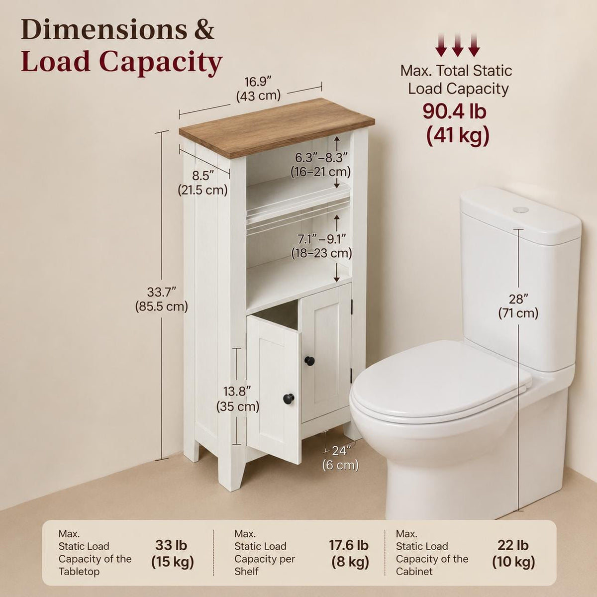 Farmhouse Bathroom Storage Cabinet | Small Space Saver Over Toilet Organizer | White Wood Freestanding Linen Cabinet with Doors & Shelf