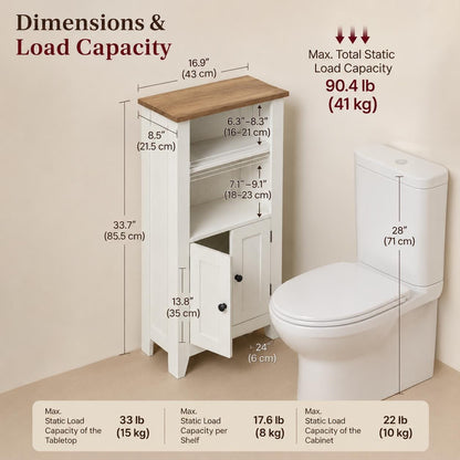 Farmhouse Bathroom Storage Cabinet | Small Space Saver Over Toilet Organizer | White Wood Freestanding Linen Cabinet with Doors & Shelf
