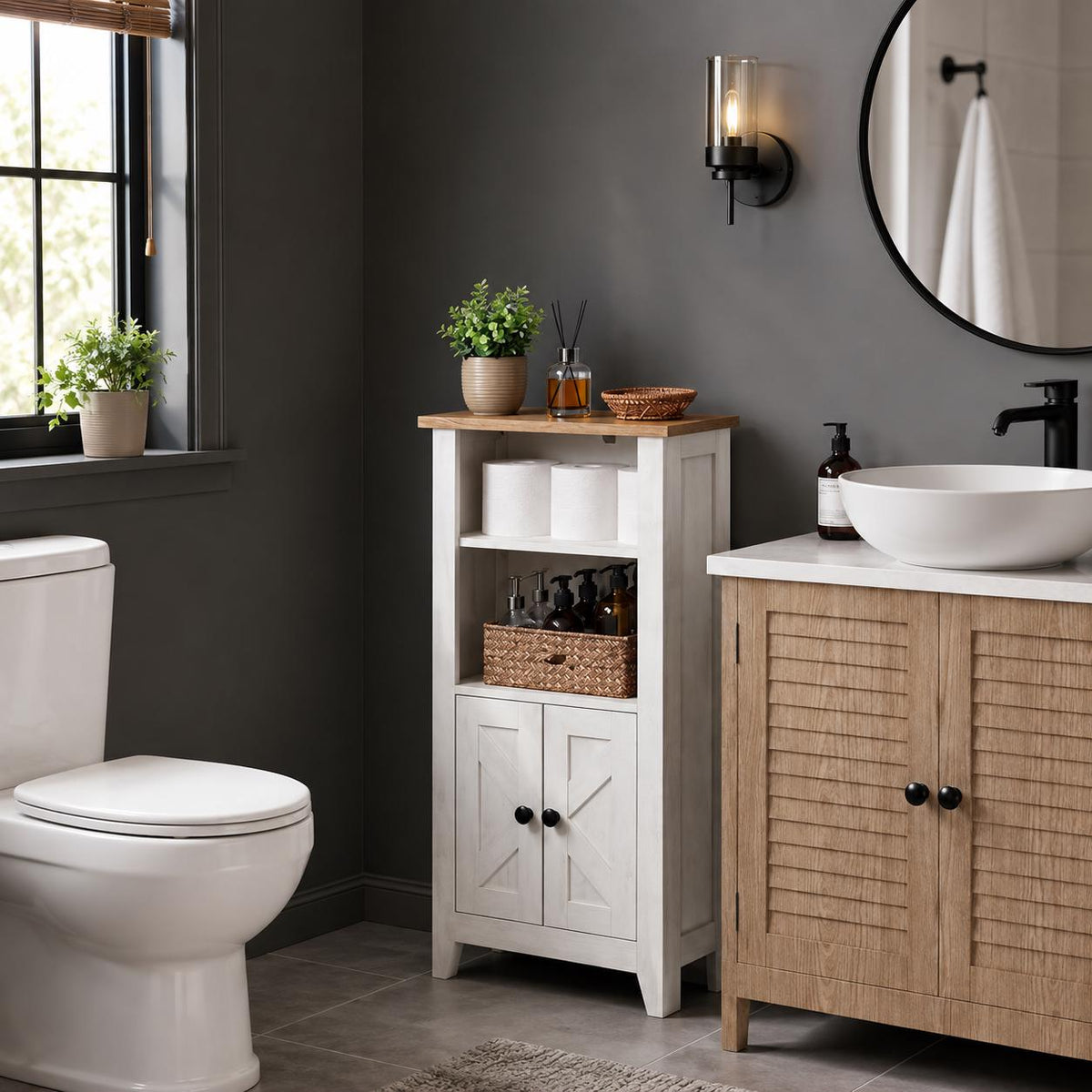 Farmhouse Bathroom Storage Cabinet | Small Space Saver Over Toilet Organizer | White Wood Freestanding Linen Cabinet with Doors & Shelf