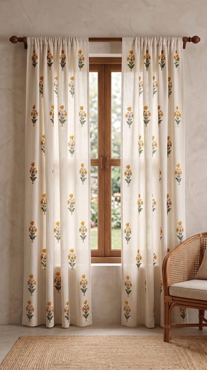 Yellow Botanical Linen Blend Curtain Panel, Farmhouse Floral Window Drapes