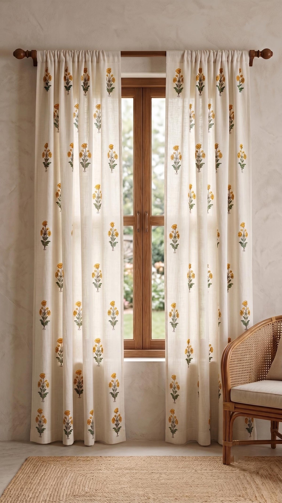 Yellow Botanical Linen Blend Curtain Panel, Farmhouse Floral Window Drapes