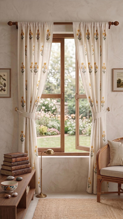 Yellow Botanical Linen Blend Curtain Panel, Farmhouse Floral Window Drapes