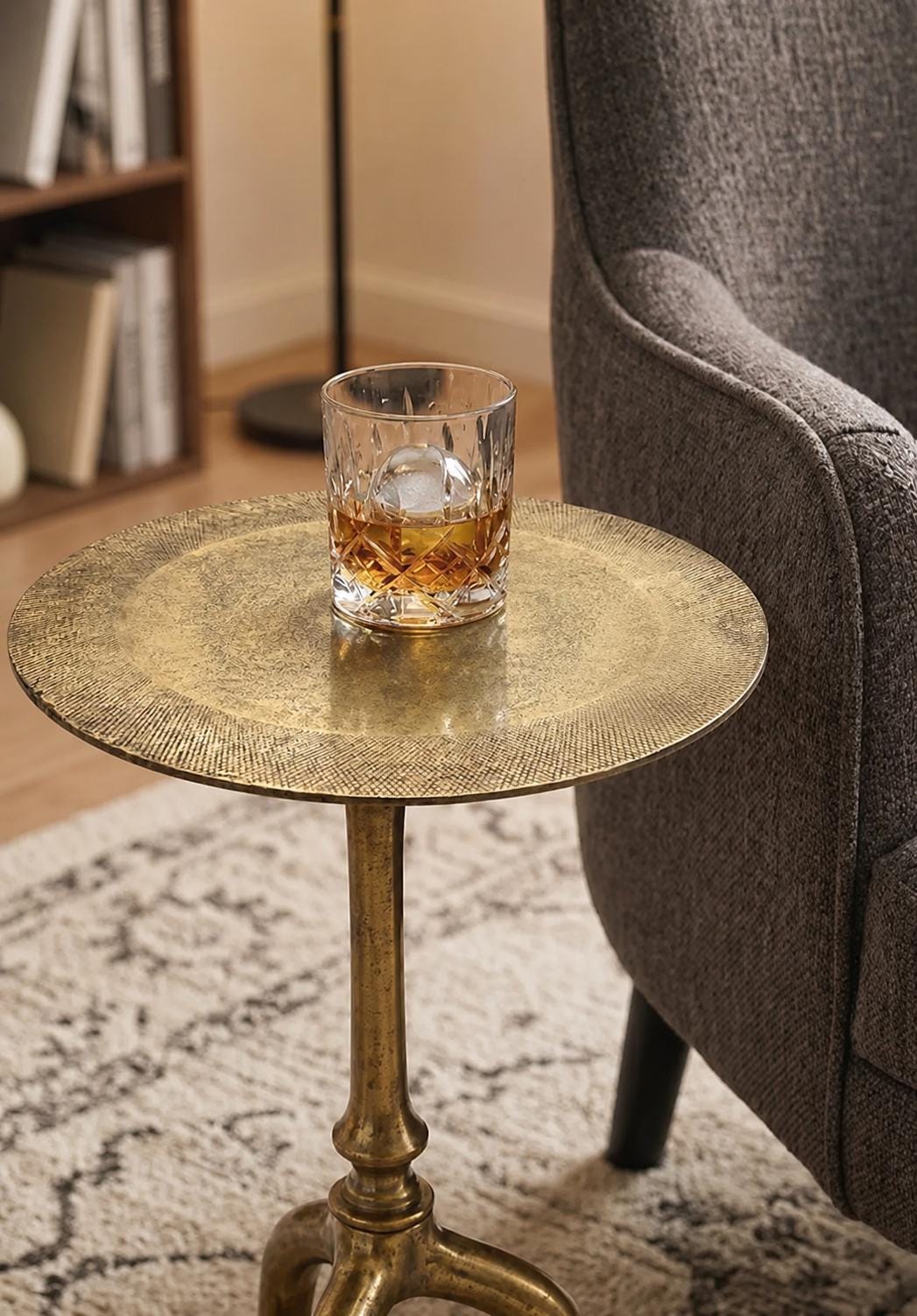 Round Brass-Finish Side Table with Textured Top, Sculptural Drink Table