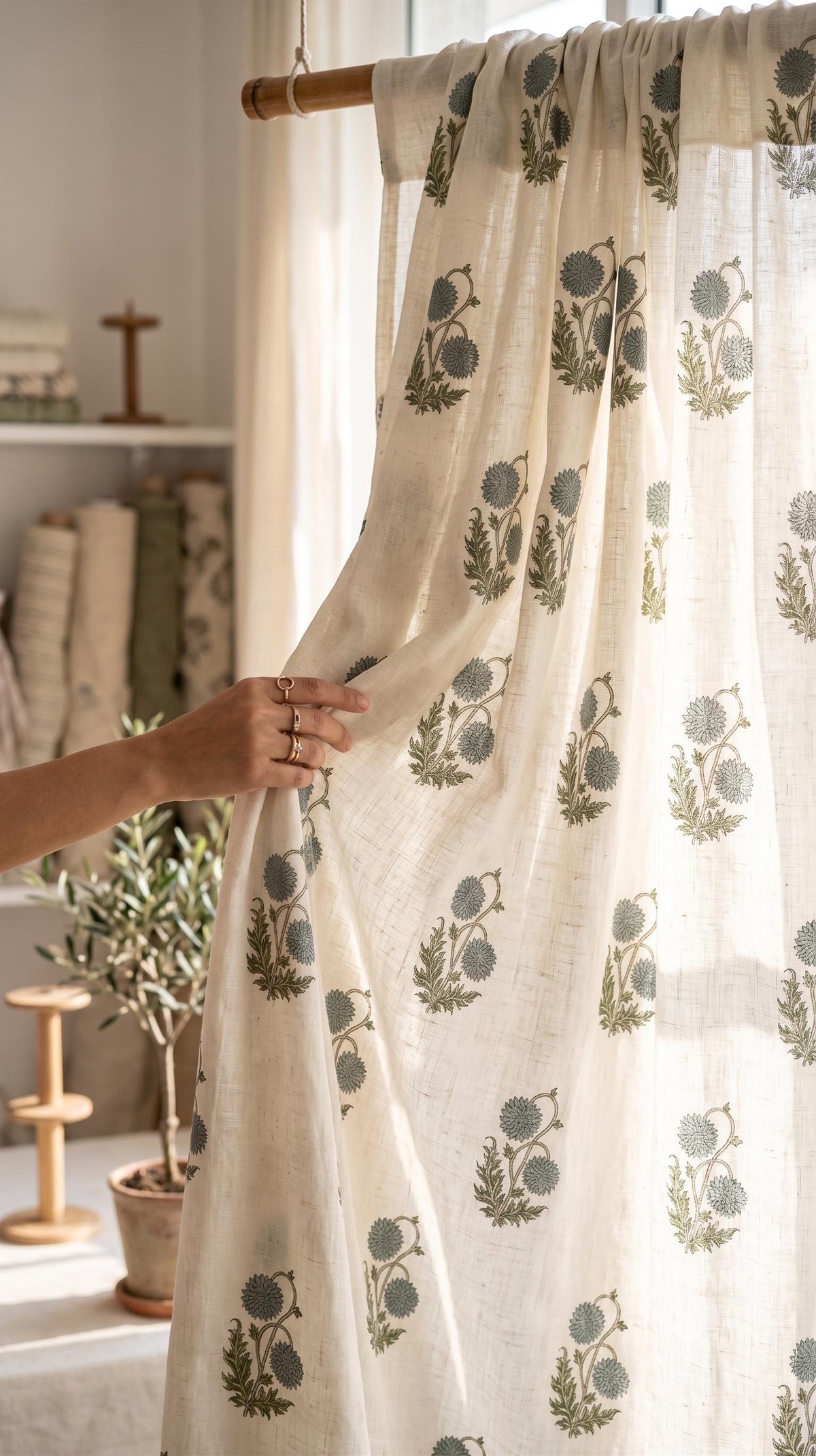 Hand Block Printed Linen Curtains, Floral Window Drapes, Boho Farmhouse Home Decor Natural Cotton Curtain Panels, Botanical Print Room Decor