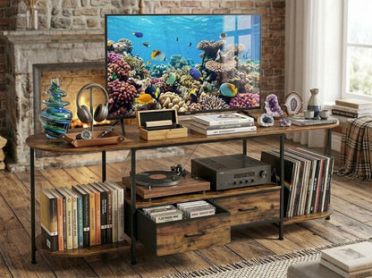 Wooden TV Stand with 2 Drawers, Rustic Brown Media Console With Curved Edges