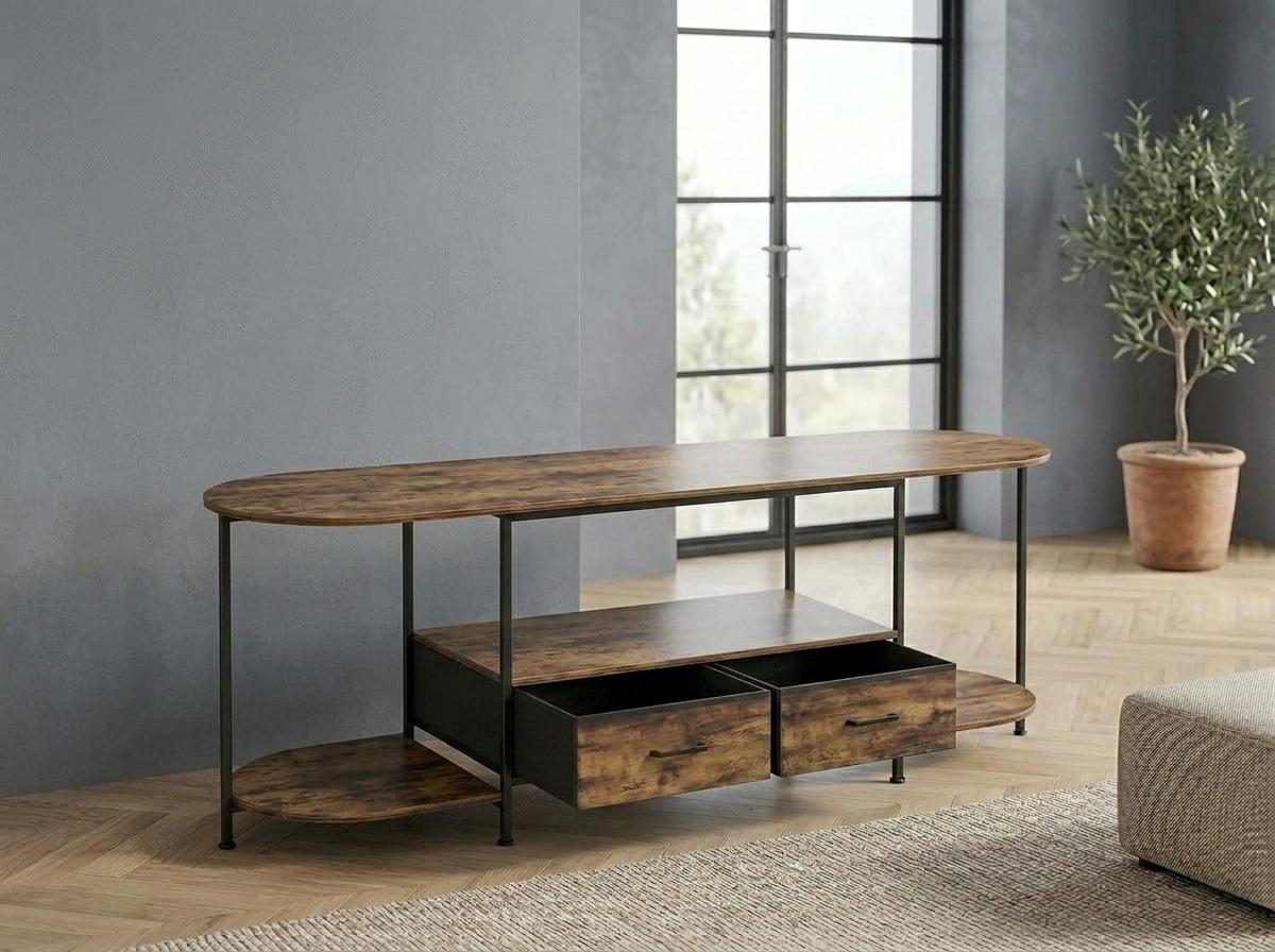 Wooden TV Stand with 2 Drawers, Rustic Brown Media Console With Curved Edges