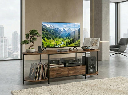 Wooden TV Stand with 2 Drawers, Rustic Brown Media Console With Curved Edges