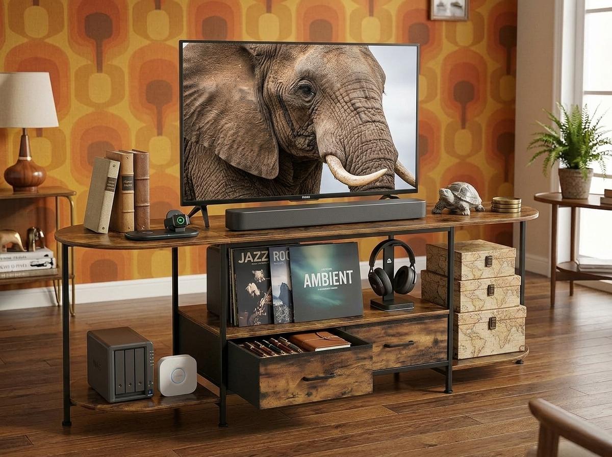 Wooden TV Stand with 2 Drawers, Rustic Brown Media Console With Curved Edges