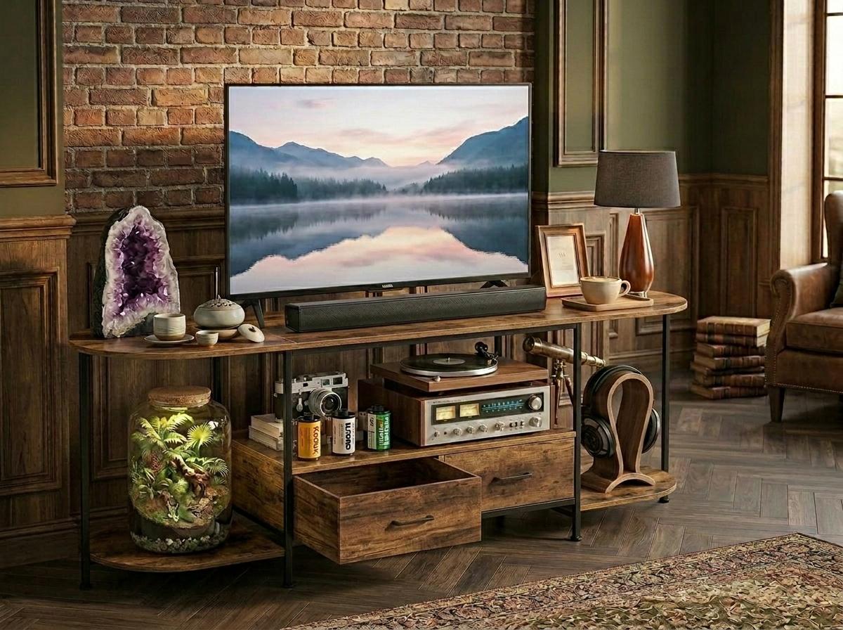 Wooden TV Stand with 2 Drawers, Rustic Brown Media Console With Curved Edges