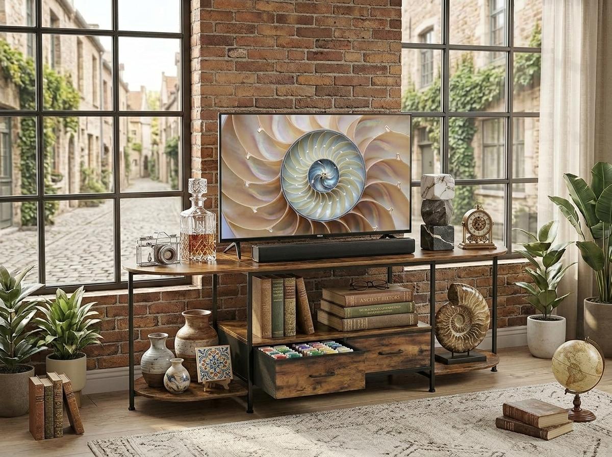 Wooden TV Stand with 2 Drawers, Rustic Brown Media Console With Curved Edges