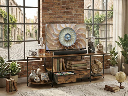 Wooden TV Stand with 2 Drawers, Rustic Brown Media Console With Curved Edges