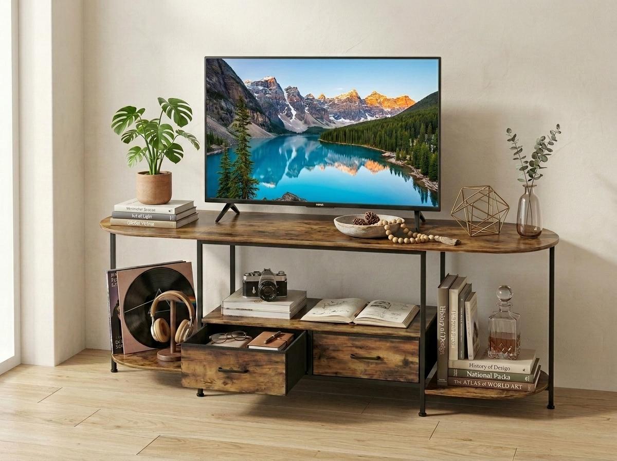 Wooden TV Stand with 2 Drawers, Rustic Brown Media Console With Curved Edges