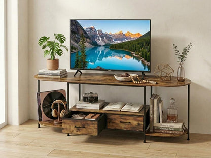Wooden TV Stand with 2 Drawers, Rustic Brown Media Console With Curved Edges