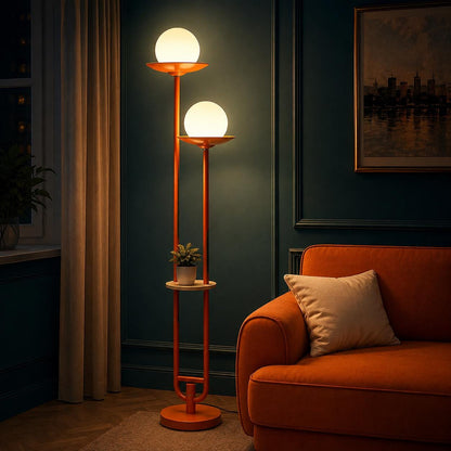 Mid-Century Modern Orange Globe Floor Lamp with Shelf, Dimmable Standing Light (Bulbs Included)