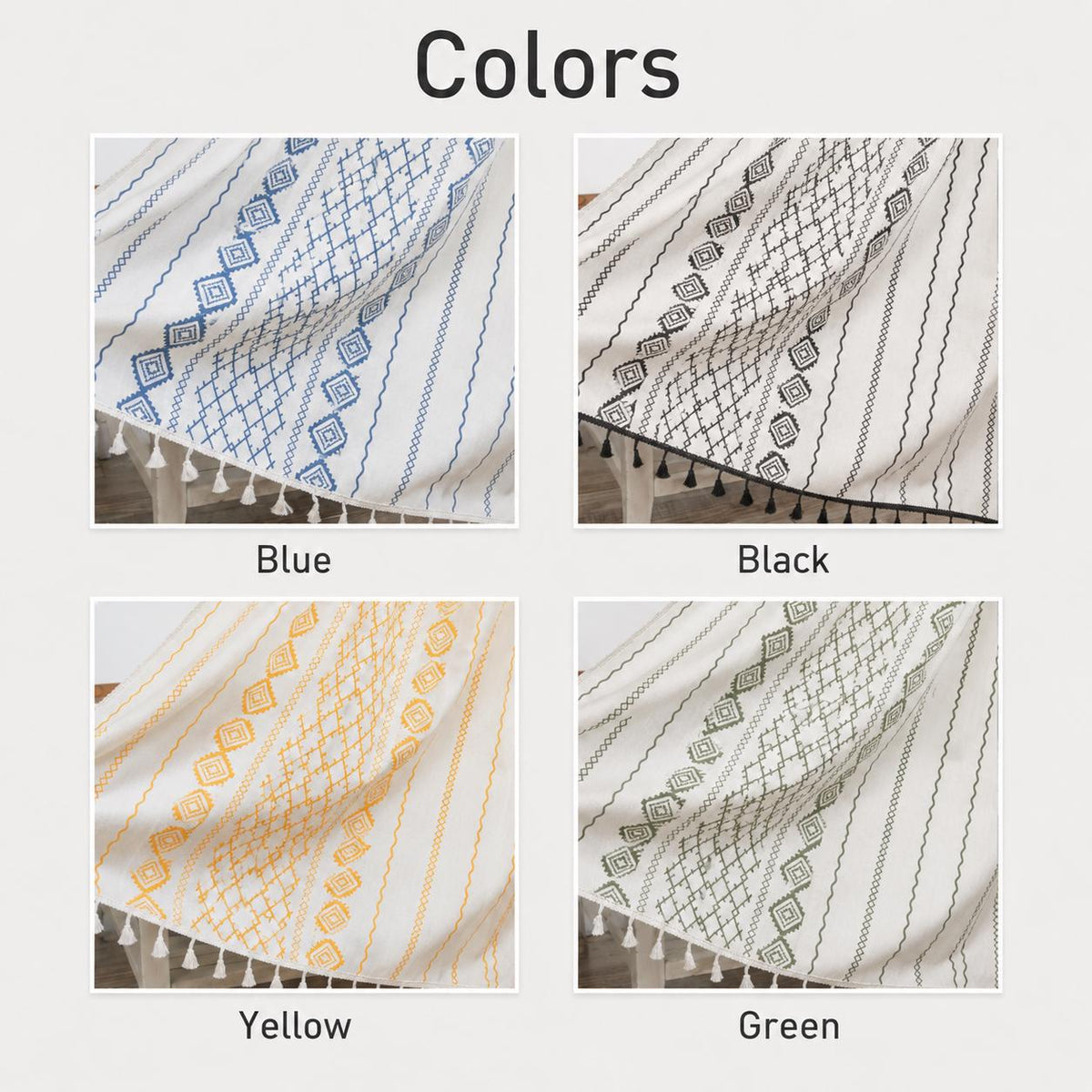 Boho Geometric Cotton Linen Curtain with Black Tassel Trim