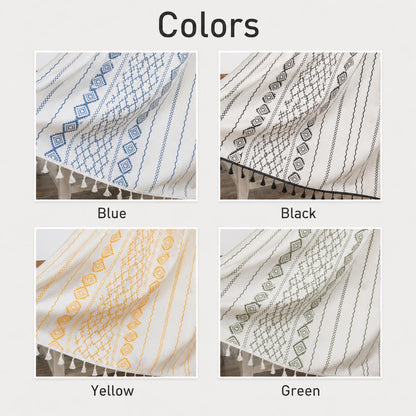 Boho Geometric Cotton Linen Curtain with Black Tassel Trim